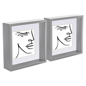 Nicola Spring 3D Deep Box Photo Frames with 6" x 6" Mounts - 8" x 8" - Grey/White - Pack of 2