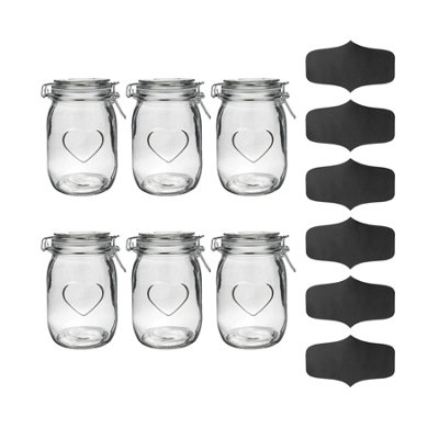 Nicola Spring 6x Glass Storage Jars & Labels Set - 1 Litre Airtight ...