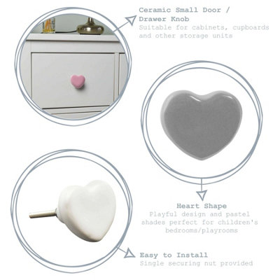 Nicola Spring - Ceramic Cabinet Knobs - Pink Heart - Pack of 6