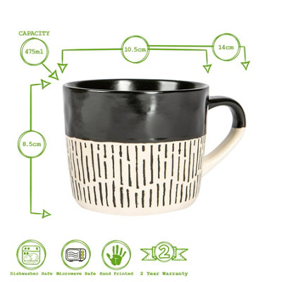 Nicola Spring - Dipped Dash Stoneware Coffee Mugs - 450ml - Black - Pack of 6
