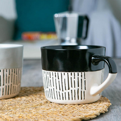 Nicola Spring - Dipped Dash Stoneware Coffee Mugs - 450ml - Black - Pack of 6