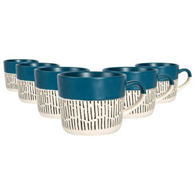 Nicola Spring - Dipped Dash Stoneware Coffee Mugs - 450ml - Blue - Pack of 6