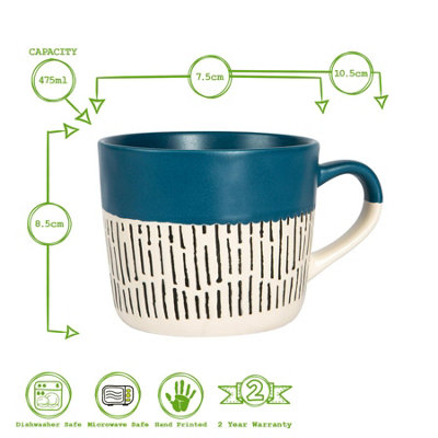 Nicola Spring - Dipped Dash Stoneware Coffee Mugs - 450ml - Blue - Pack of 6