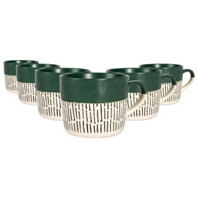 Nicola Spring - Dipped Dash Stoneware Coffee Mugs - 450ml - Green - Pack of 6