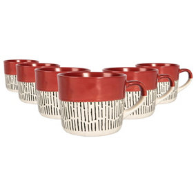 Nicola Spring - Dipped Dash Stoneware Coffee Mugs - 450ml - Red - Pack of 6