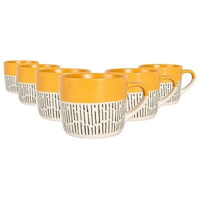 Nicola Spring - Dipped Dash Stoneware Coffee Mugs - 450ml - Yellow - Pack of 6