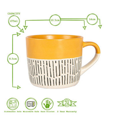 Nicola Spring - Dipped Dash Stoneware Coffee Mugs - 450ml - Yellow - Pack of 6