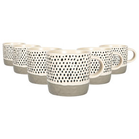 Nicola Spring - Dipped Dotty Stoneware Coffee Mugs - 385ml - Grey - Pack of 6
