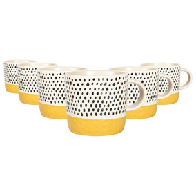 Nicola Spring - Dipped Dotty Stoneware Coffee Mugs - 385ml - Mustard - Pack of 6