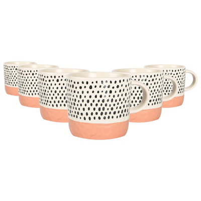 Nicola Spring - Dipped Dotty Stoneware Coffee Mugs - 385ml - Pink - Pack of 6