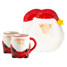 Nicola Spring - Father Christmas Plates & Mugs Set - White - 4pc
