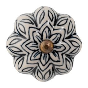 Nicola Spring - Floral Ceramic Cabinet Knob - Black / White