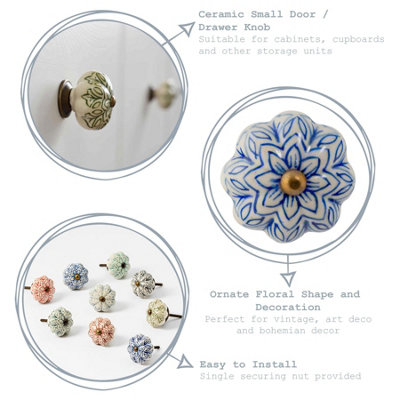 Vintage Floral Ceramic Cupboard knobs, set of 12 white fashion flower Ceramic Cupboard Pulls, Drawer Knobs, Single Mount