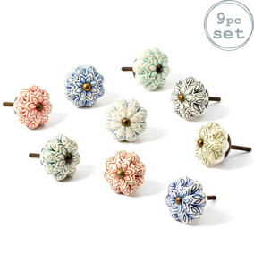 Nicola Spring - Floral Ceramic Cabinet Knobs - 9 Colours - Pack of 9