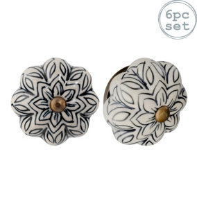 Nicola Spring - Floral Ceramic Cabinet Knobs - Black - Pack of 6