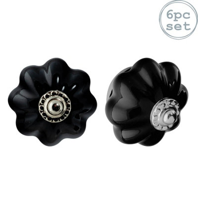 Nicola Spring Floral Ceramic Cabinet Knobs - Black - Pack of 6