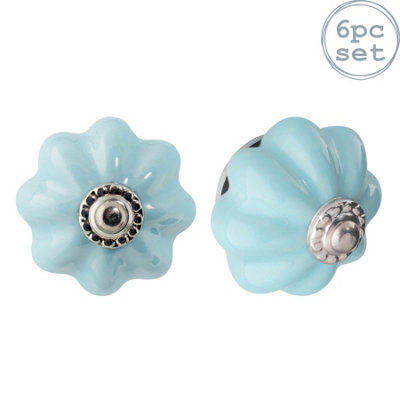 Nicola Spring - Floral Ceramic Cabinet Knobs - Blue - Pack of 6