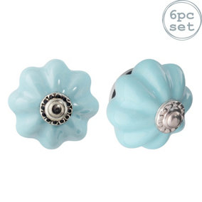 Nicola Spring - Floral Ceramic Cabinet Knobs - Blue - Pack of 6