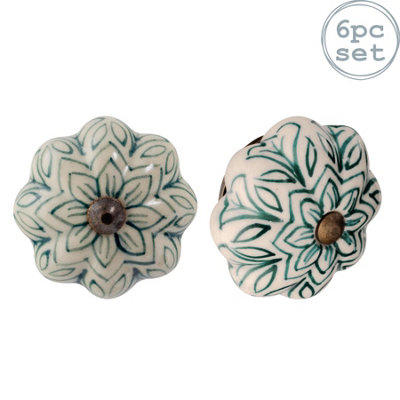 Nicola Spring - Floral Ceramic Cabinet Knobs - Dark Green - Pack of 6