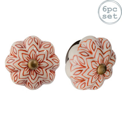 Nicola Spring - Floral Ceramic Cabinet Knobs - Dark Red - Pack of 6