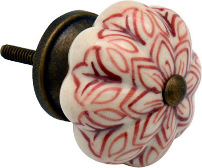 Nicola Spring - Floral Ceramic Cabinet Knobs - Dark Red - Pack of 6 - 4