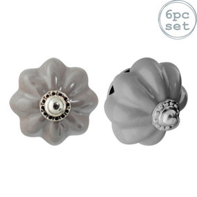 Nicola Spring - Floral Ceramic Cabinet Knobs - Grey - Pack of 6