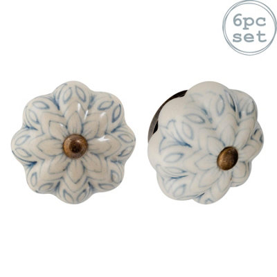 Nicola Spring - Floral Ceramic Cabinet Knobs - Grey / White - Pack of 6