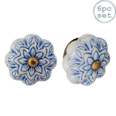 Nicola Spring - Floral Ceramic Cabinet Knobs - Light Blue - Pack of 6