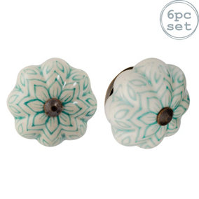 Nicola Spring - Floral Ceramic Cabinet Knobs - Mint Green - Pack of 6