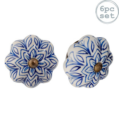 Nicola Spring - Floral Ceramic Cabinet Knobs - Navy - Pack of 6