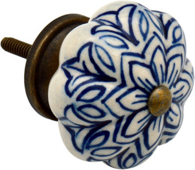 Nicola Spring - Floral Ceramic Cabinet Knobs - Navy - Pack of 6 - 4