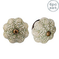 Nicola Spring - Floral Ceramic Cabinet Knobs - Olive Green - Pack of 6