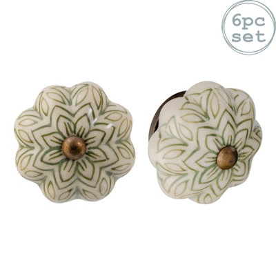 Nicola Spring - Floral Ceramic Cabinet Knobs - Olive Green - Pack of 6