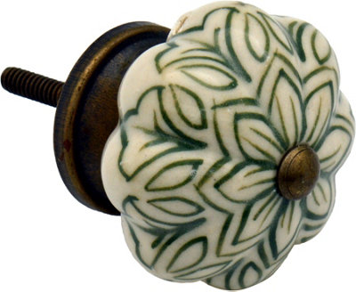 Nicola Spring - Floral Ceramic Cabinet Knobs - Olive Green - Pack of 6 - 5