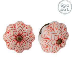 Nicola Spring - Floral Ceramic Cabinet Knobs - Red - Pack of 6