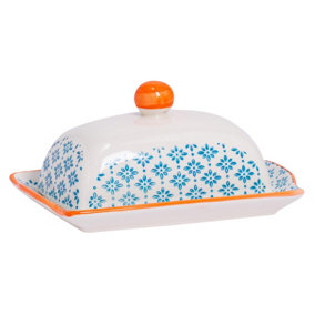 Nicola Spring - Hand-Printed Butter Dish - 18.5 x 12cm - Blue