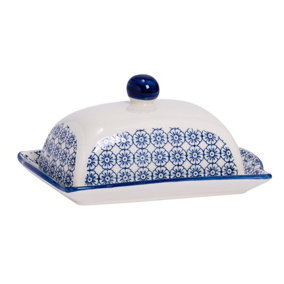 Nicola Spring - Hand-Printed Butter Dish - 18.5 x 12cm - Navy