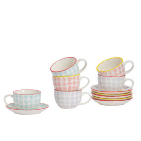 Nicola Spring - Hand-Printed Cappuccino Cup & Saucer Set - 14cm - 3 Colours - 12pc
