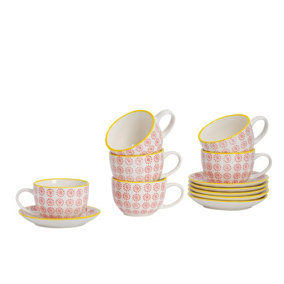 Nicola Spring - Hand-Printed Cappuccino Cup & Saucer Set - 14cm - Red - 12pc
