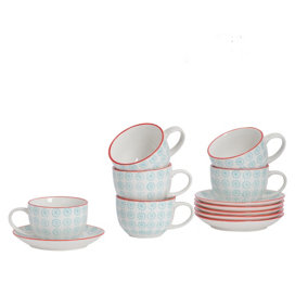 Nicola Spring - Hand-Printed Cappuccino Cup & Saucer Set - 14cm - Turquoise - 12pc
