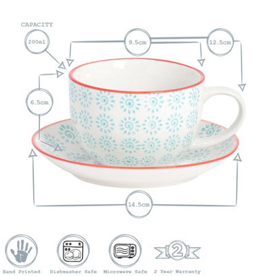 Nicola Spring - Hand-Printed Cappuccino Cup & Saucer Set - 14cm - Turquoise - 24pc