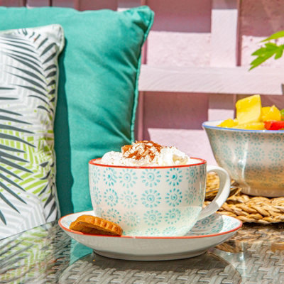 Nicola Spring - Hand-Printed Cappuccino Cup & Saucer Set - 14cm - Turquoise - 24pc