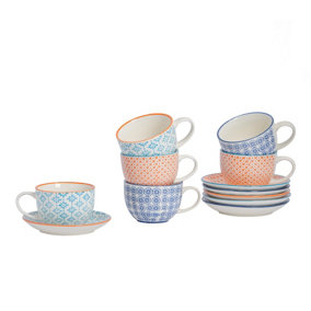 Nicola Spring - Hand-Printed Cappuccino Cup & Saucer Set - 250ml - 3 Colours - 12pc