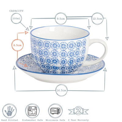Nicola Spring - Hand-Printed Cappuccino Cup & Saucer Set - 250ml - 3 Colours - 12pc - 3