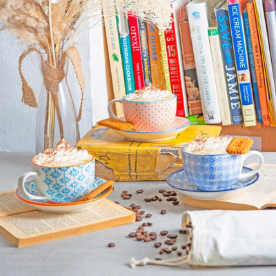 Nicola Spring - Hand-Printed Cappuccino Cup & Saucer Set - 250ml - 3 Colours - 12pc - 7