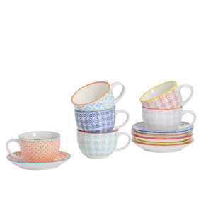 Nicola Spring - Hand-Printed Cappuccino Cup & Saucer Set - 250ml - 6 Colours - 12pc