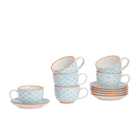 Nicola Spring - Hand-Printed Cappuccino Cup & Saucer Set - 250ml - Blue - 12pc
