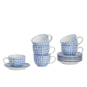 Nicola Spring - Hand-Printed Cappuccino Cup & Saucer Set - 250ml - Navy - 12pc