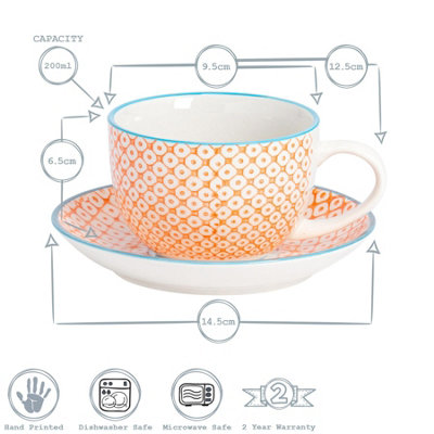 Nicola Spring - Hand-Printed Cappuccino Cup & Saucer Set - 250ml - Orange - 24pc