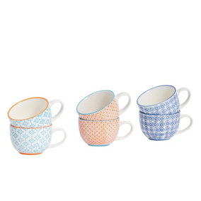 Nicola Spring - Hand-Printed Cappuccino Cups - 250ml - 3 Colours - Pack of 6
